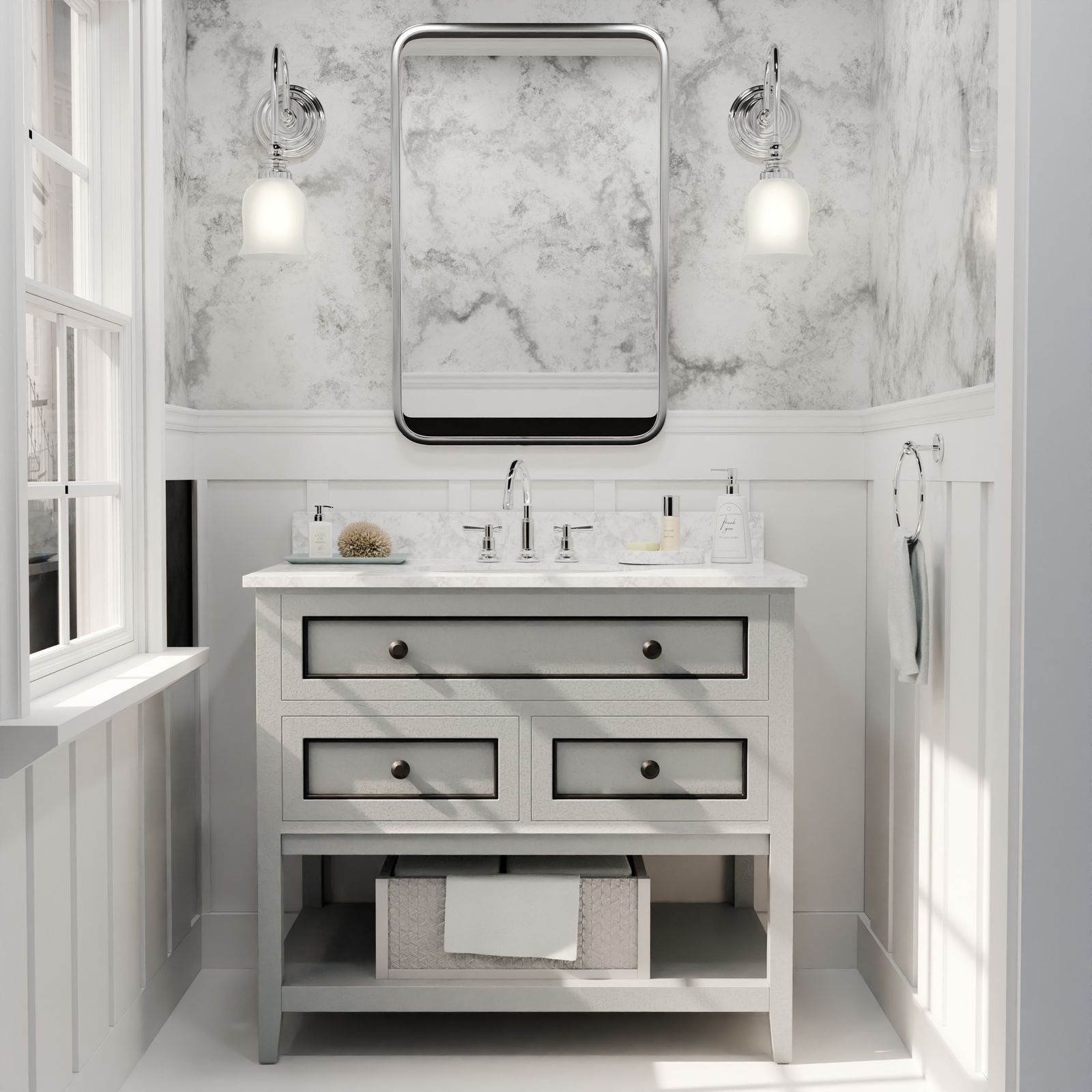 Salle de bain blanche impeccable, lavabo et comptoir nettoyés